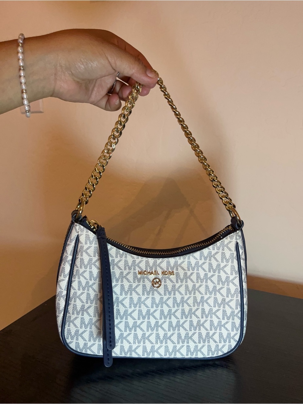 Michael Kors White and Navy Monogram Chain Shoulder Bag